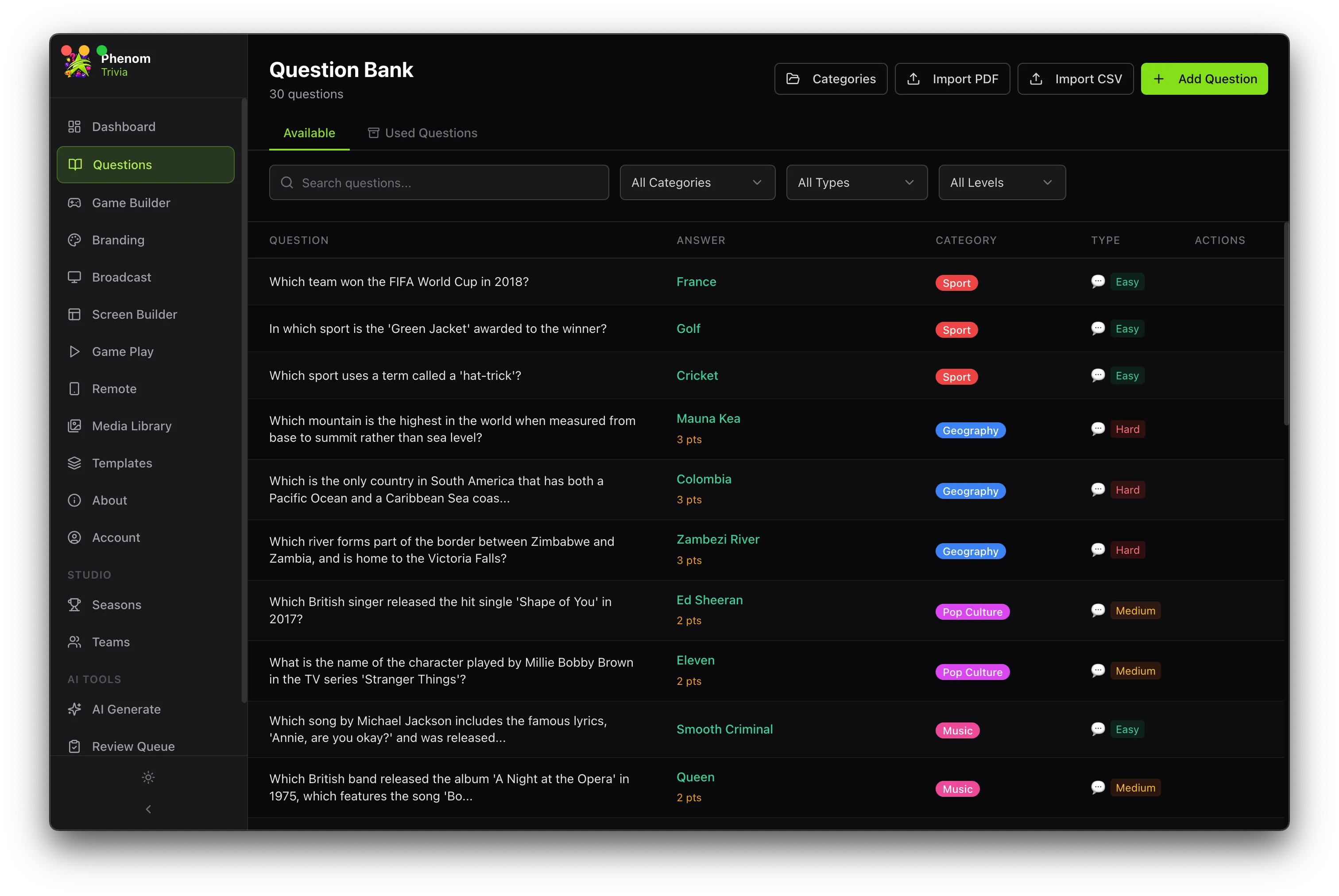 phenom trivia - question bank