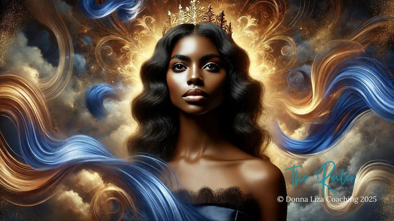 A regal woman with flowing hair and a golden crown surrounded by rich gold, royal blue, and deep indigo clouds, symbolizing leadership and power. DonnaLizaCoaching.com