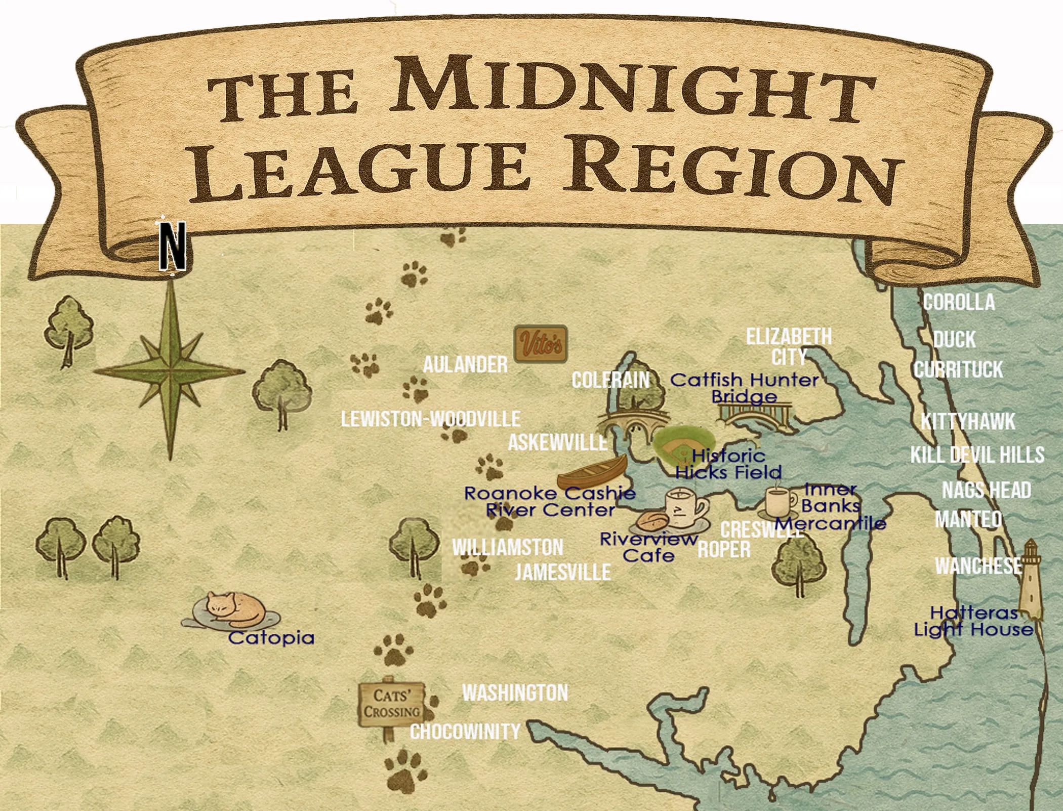 Hand drawn map of the Coastal Counties of Eastern North Carolina, where Take Meowt to the Ballpark takes place