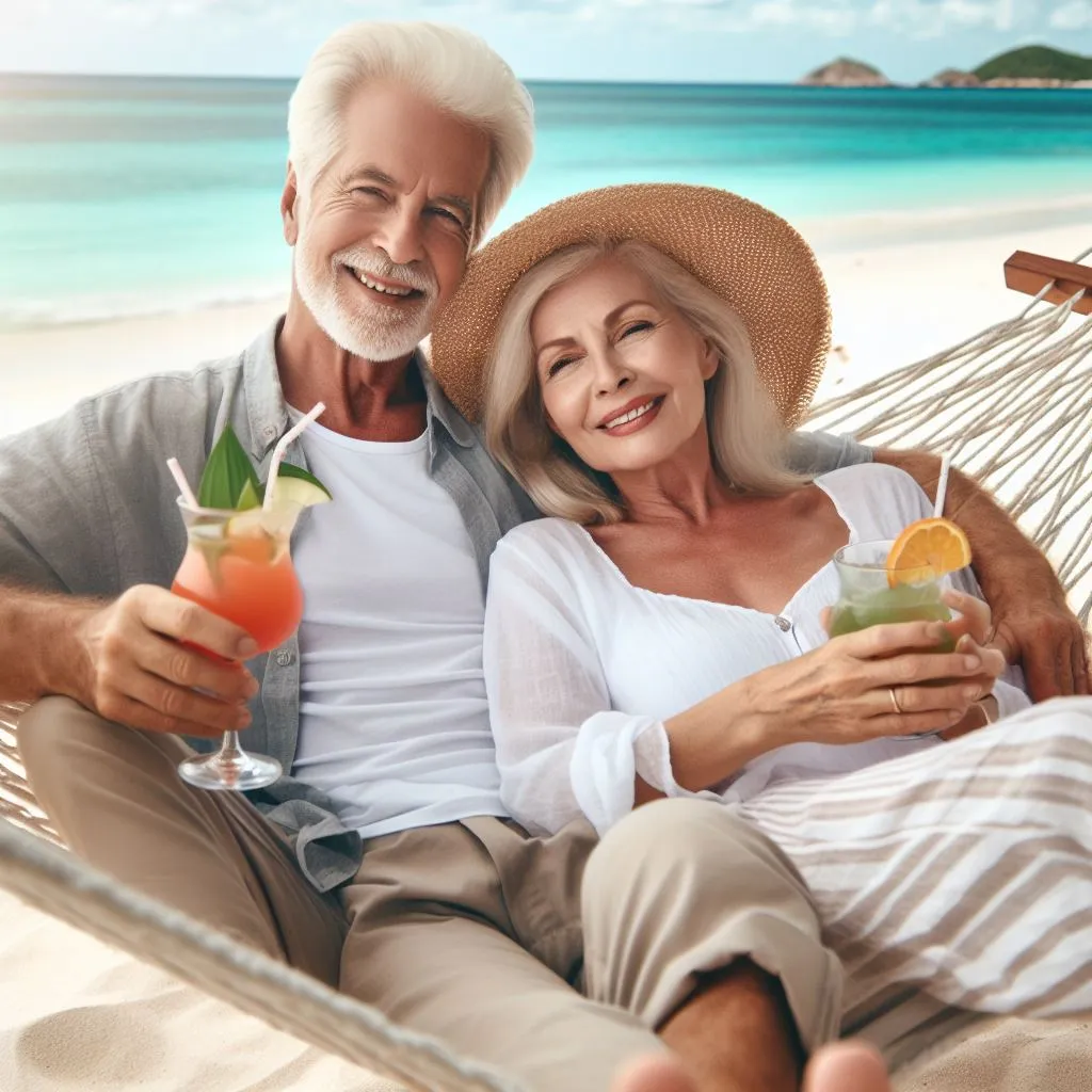 older couple relaxing with a cocktail in a hammock, on the beach.