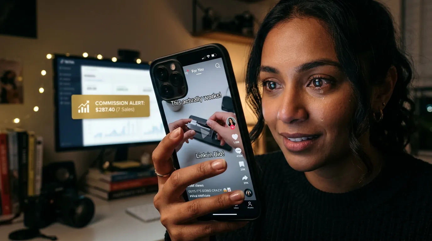 Smartphone displaying a faceless affiliate review video gaining views while commission notifications appear, illustrating early results from SuperAffiliateAI.