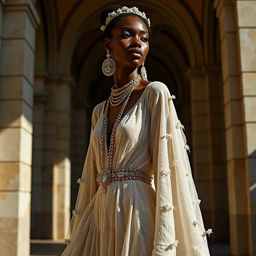Black model wearing couture and a band