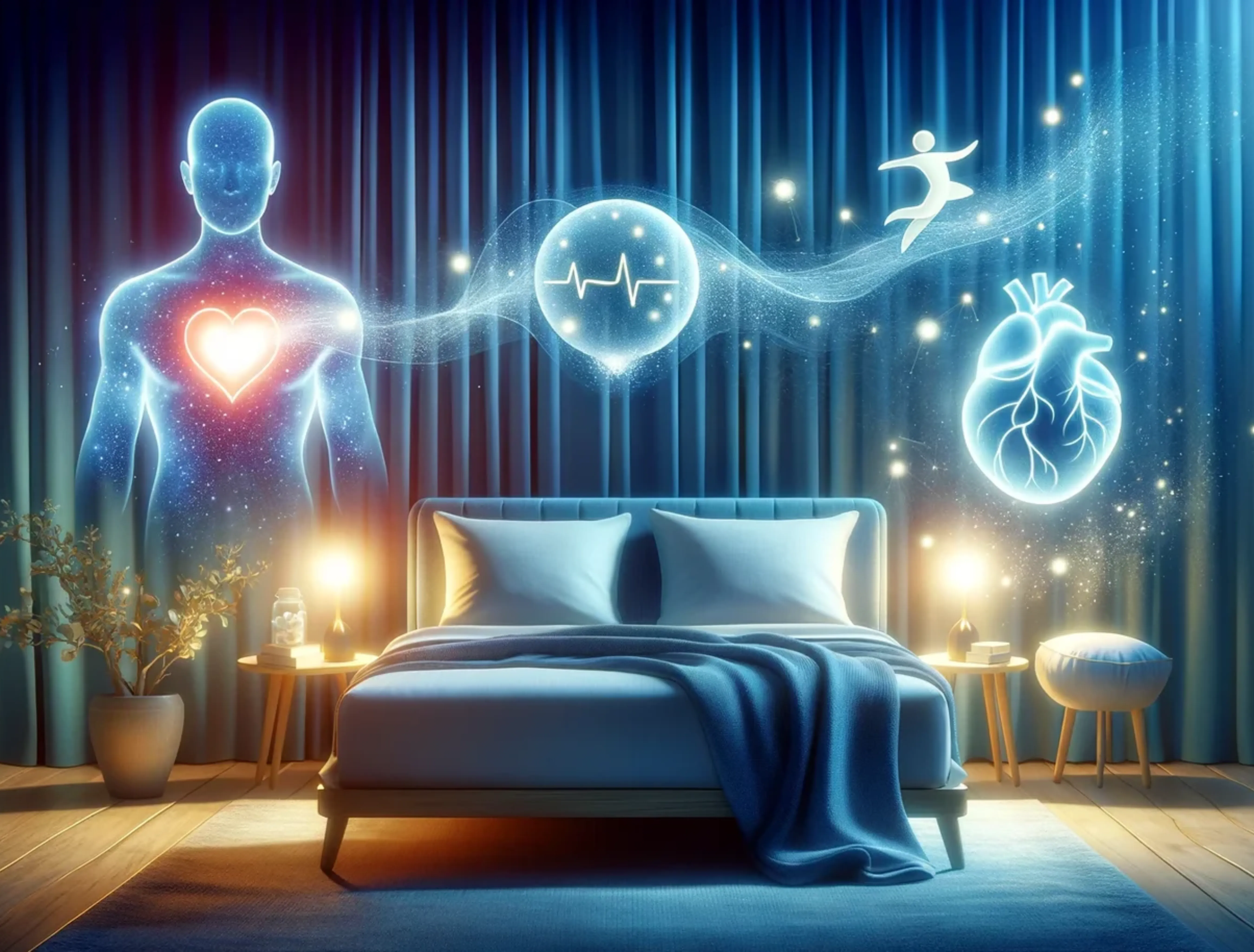 Image of human figure with graphics of bed for sleeping
