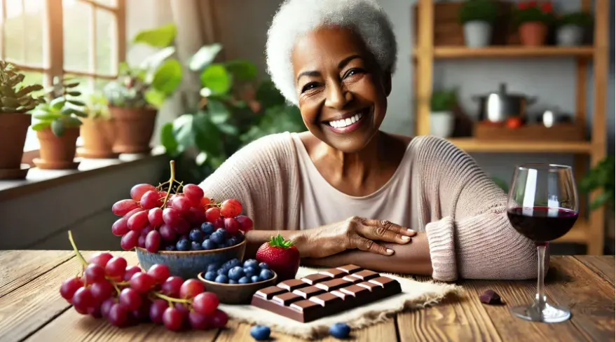 natural sources of resveratrol, including red grapes, blueberries, and dark chocolate on a wooden table with a smiling elderly black woman sitting down.