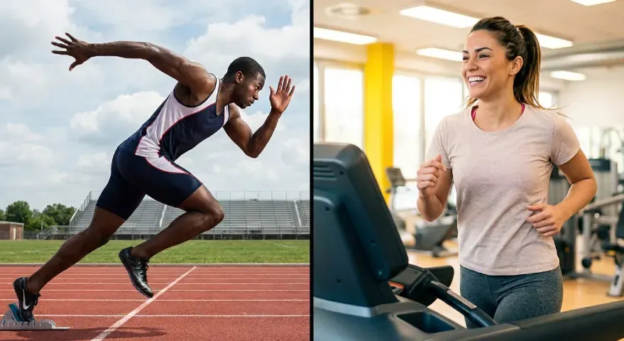 Split image. Athlete performing sprint intervals. other side a woman smiling while running on treadmill