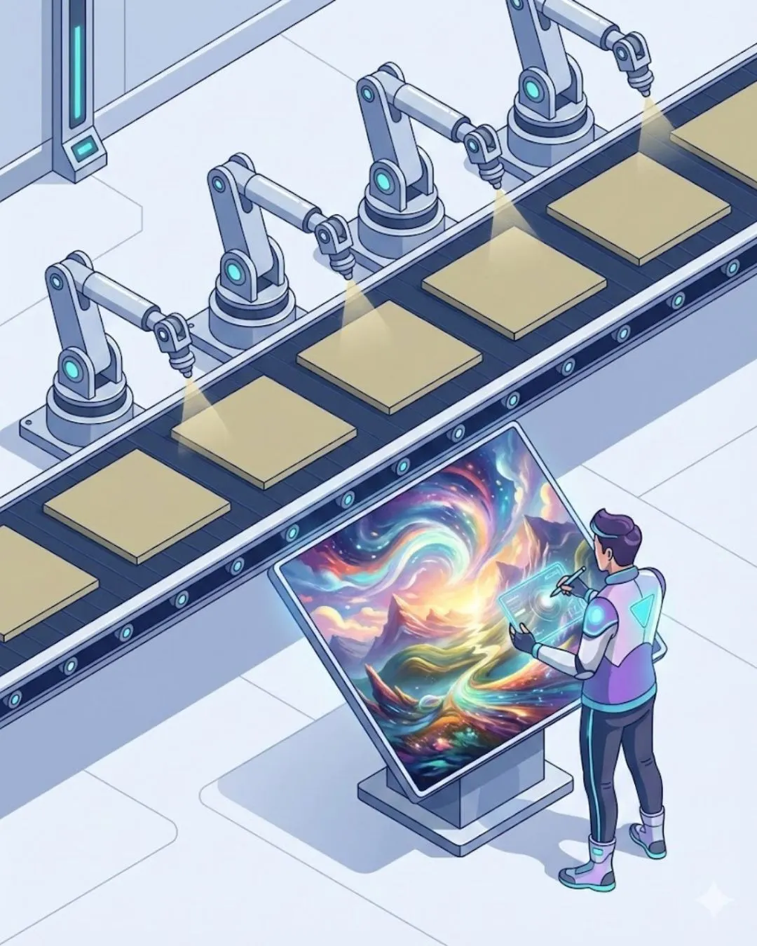 Robots creating identical content on an assembly line while a human creates unique expert content.