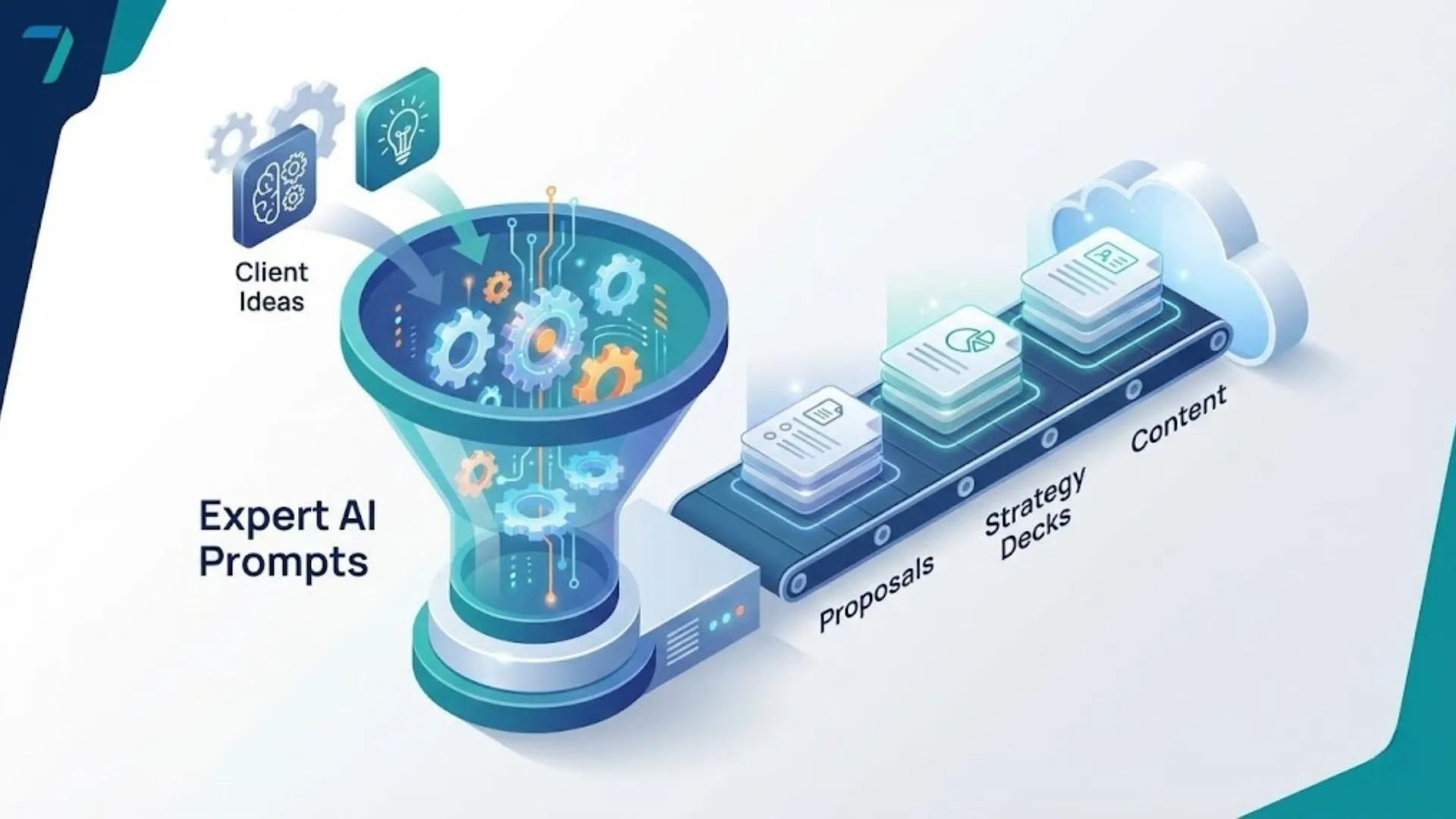 Illustration showing how AI prompts streamline consulting business growth workflows.