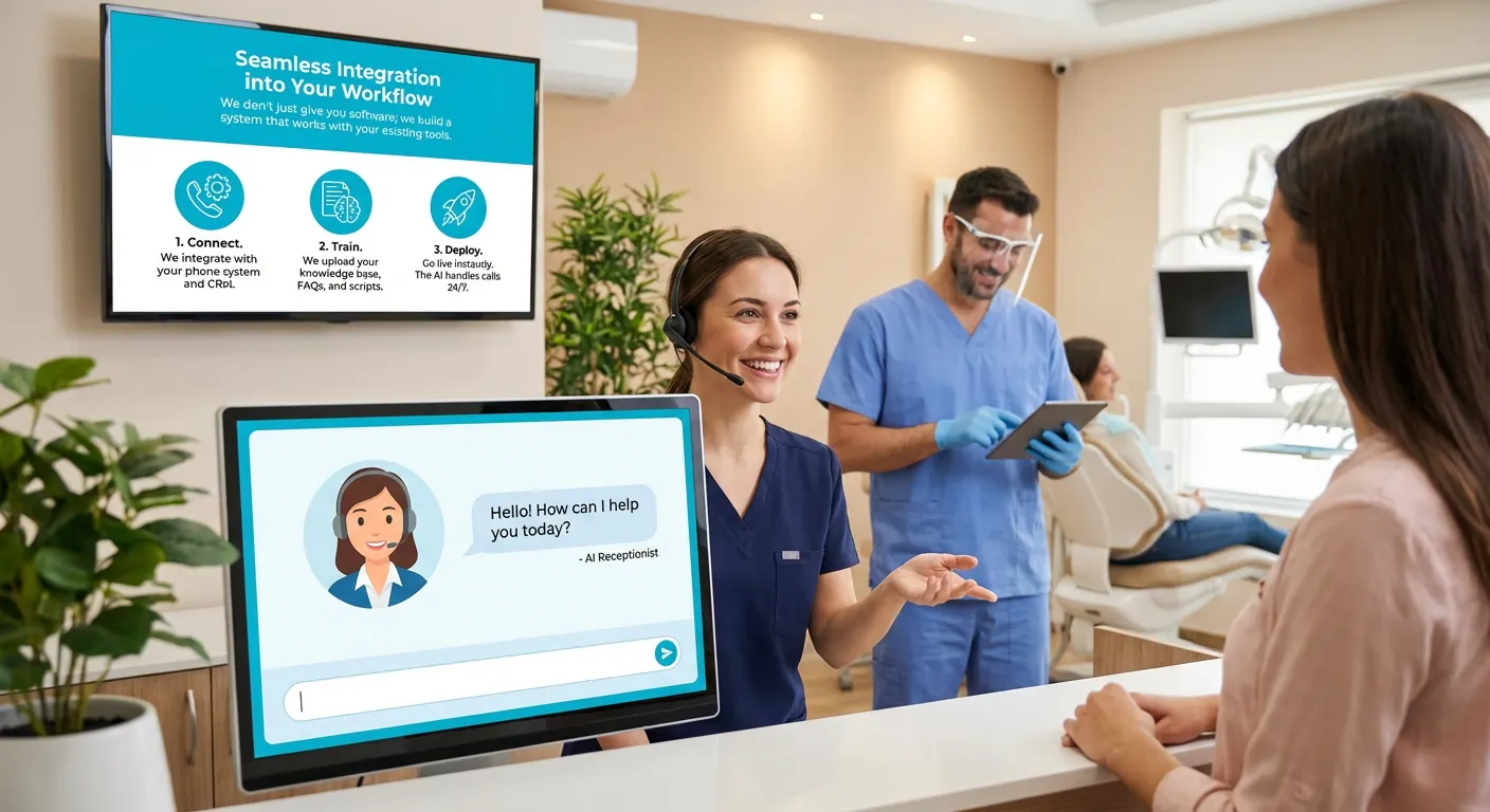 Dental office with happy customer engaging with Ai receptionist.