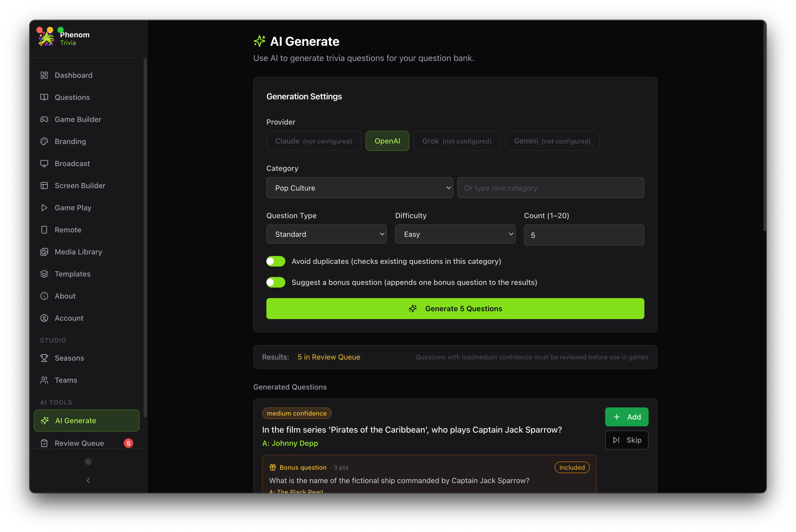 phenom trivia - ai question generation, strict rules, references, and confidence score