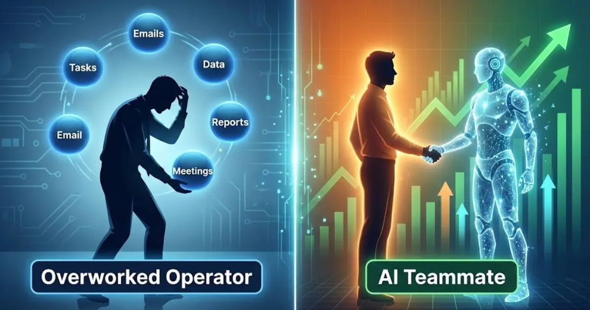Illustration comparing an overworked solopreneur vs one using AI as a teammate.