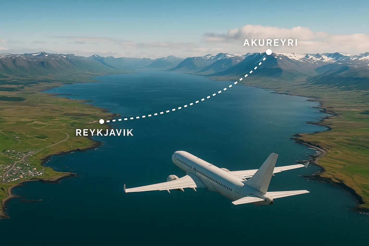 Aerial view of Icelandic coastline with a flight path leading to Akureyri