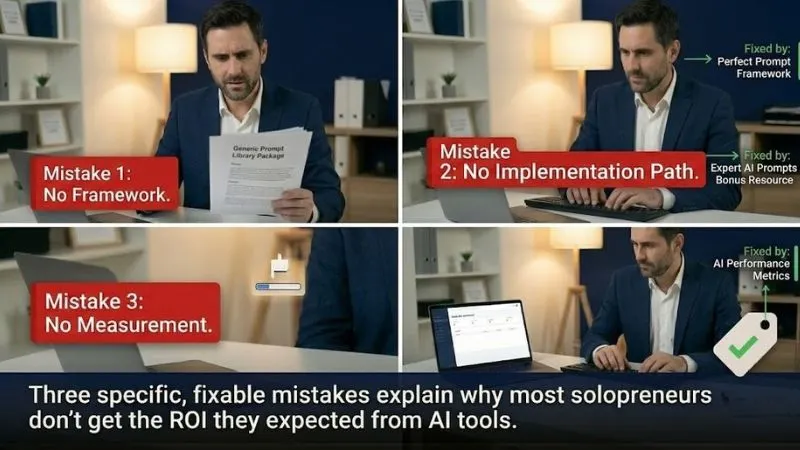 Three-panel illustration of solopreneur AI buying mistakes with expert ai prompts bonus resource fixes 