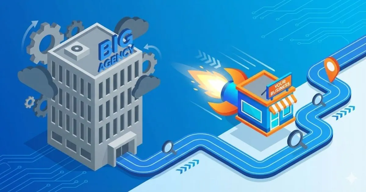 Small business rocket overtaking large corporation on search engine road.