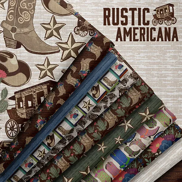 Rustic Americana surface pattern collection featuring western boots, cacti, cowboy hats, stars, wagons, lanterns, and floral accents in rustic red, brown, cream, and blue tones by Brayberry Design.