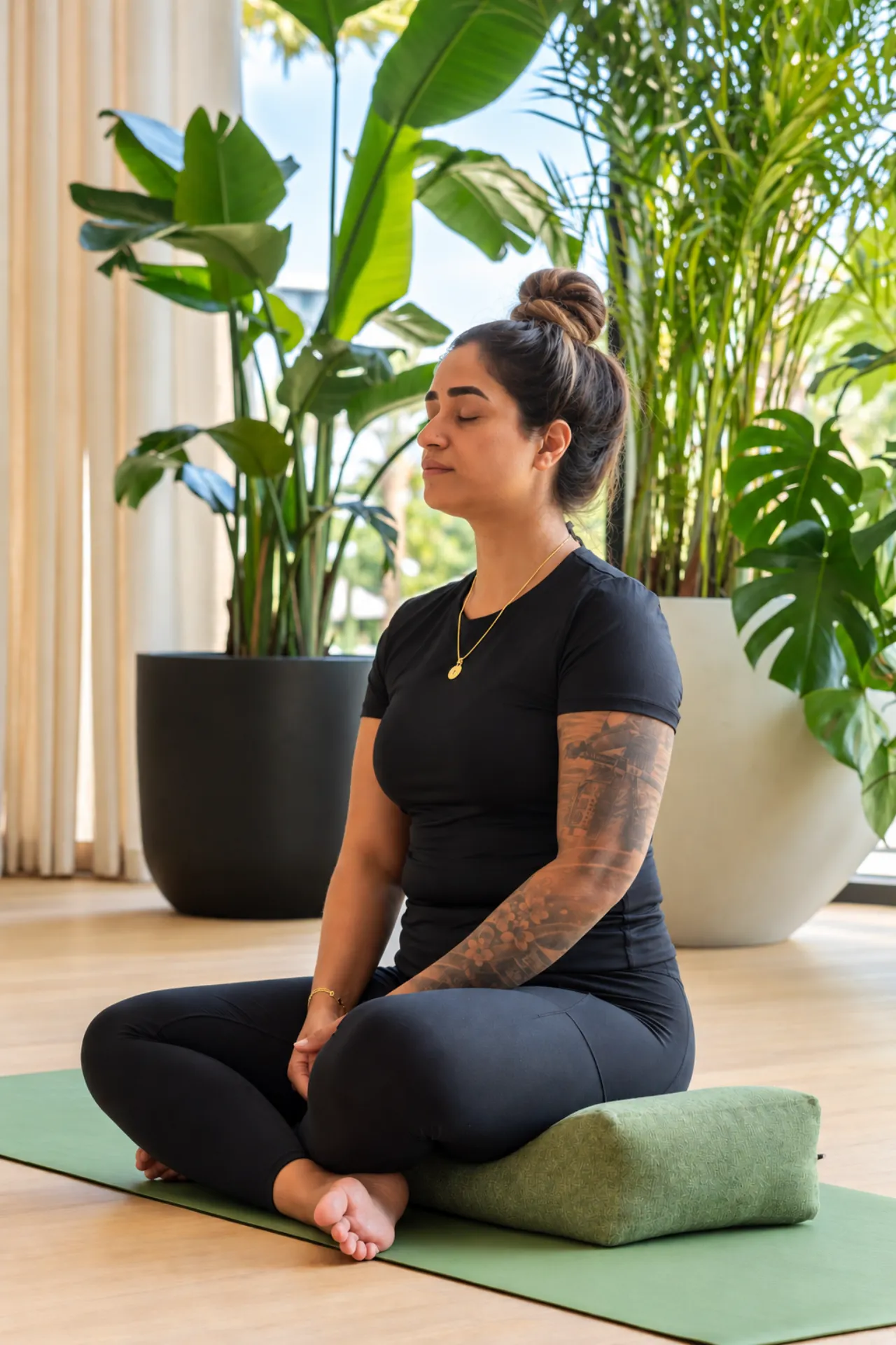 Breathwork and meditation practice in a seated pose for relaxation and mental clarity