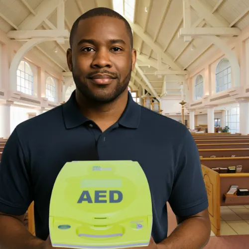 Man standing in a sanctuary holding a Zoll AED Plus