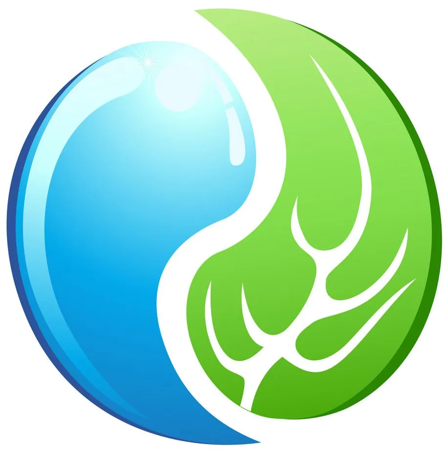 Circular Tai Chi logo with a green and blue yin-yang design featuring a flowing hand, representing balance and movement.