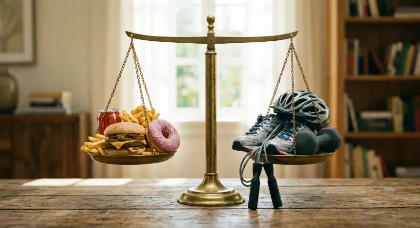 Balanced scale comparing calorie intake and energy expenditure. One side of scale is food, on the other side is workout tools like weights, jump rope, bicycle helmet.