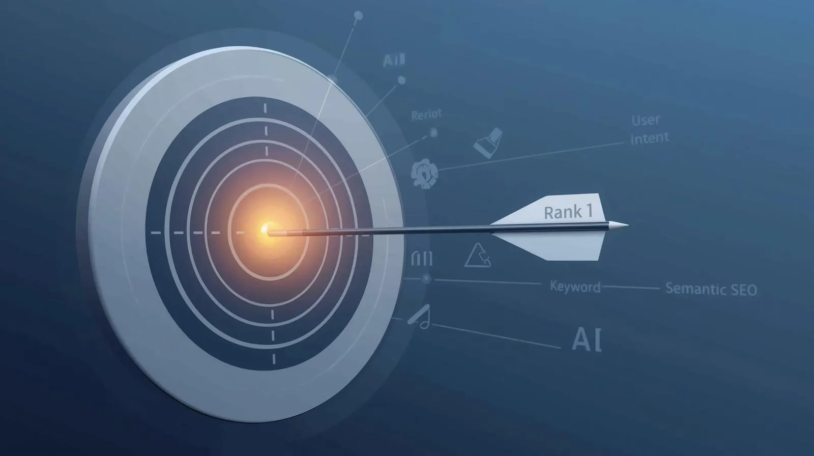A graphic of an AI-powered arrow hitting the bullseye on a target, symbolizing how to use the best AI writer for SEO to create content that ranks.