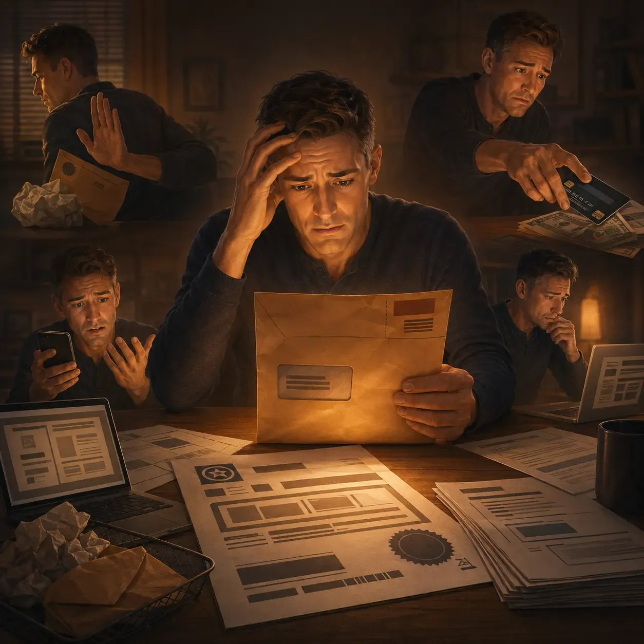 A worried man reacts to an official-looking letter while imagined versions of himself panic, ignore the envelope, phone the sender, and rush to pay, showing the problem of assumption blindness.