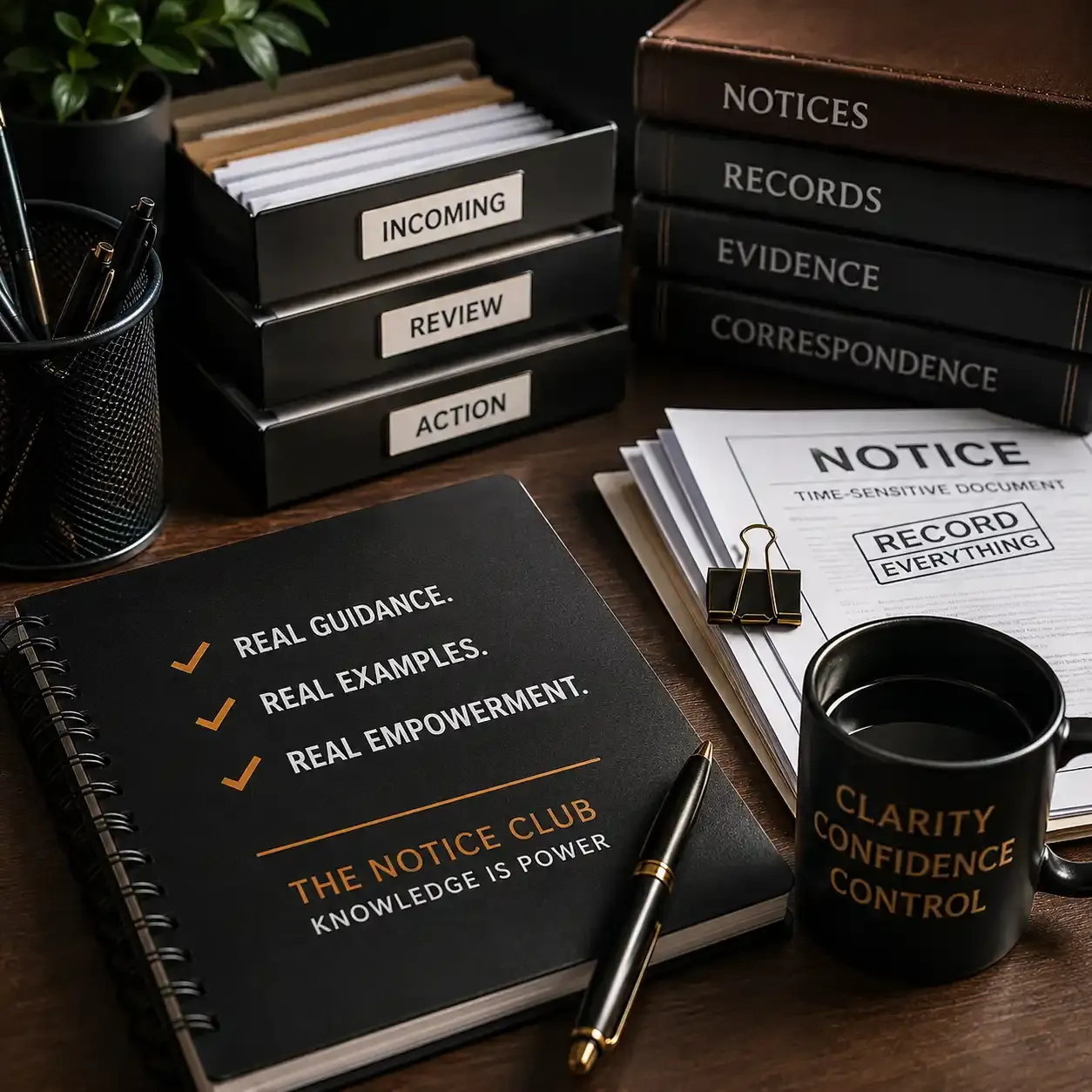 Notice Club paperwork guidance image with organised notices, records, evidence, and review files..