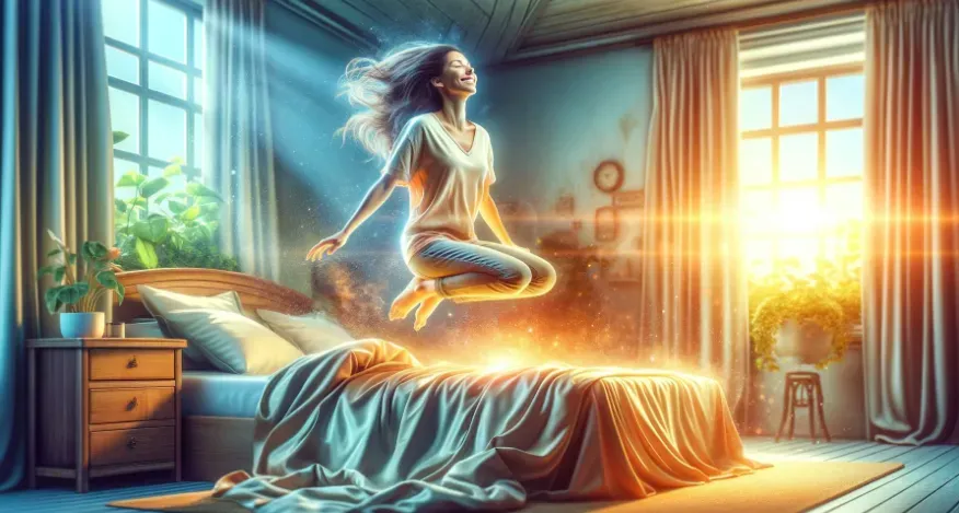 A woman hovering over her bed as if she just jumped. Smiling and happy to have slept well.