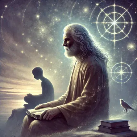 An older man with long, mid-back gray hair sits in a twilight landscape, surrounded by peaceful energy. He appears quiet and reflective, representing a 2/4 Reflector father. A younger figure nearby watches or writes, symbolizing observation, reverence, and lineage healing