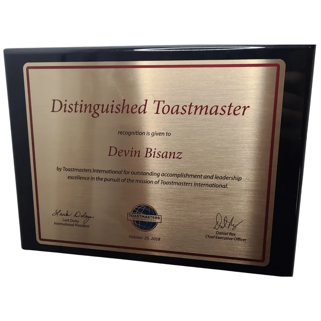 Distinguished Toastmaster and Devin Bisanz