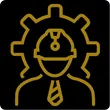 icon depicting a graphic style man in hard hat overlayed in front of a gear in black and gold depicting an engineering service