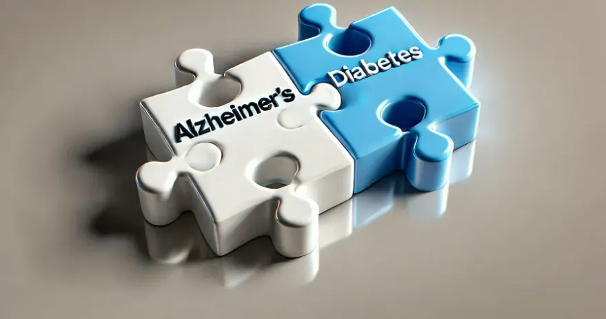 image with interlocking puzzle pieces labeled "ALZHEIMER'S" and "DIABETES" showing that the two are connected..