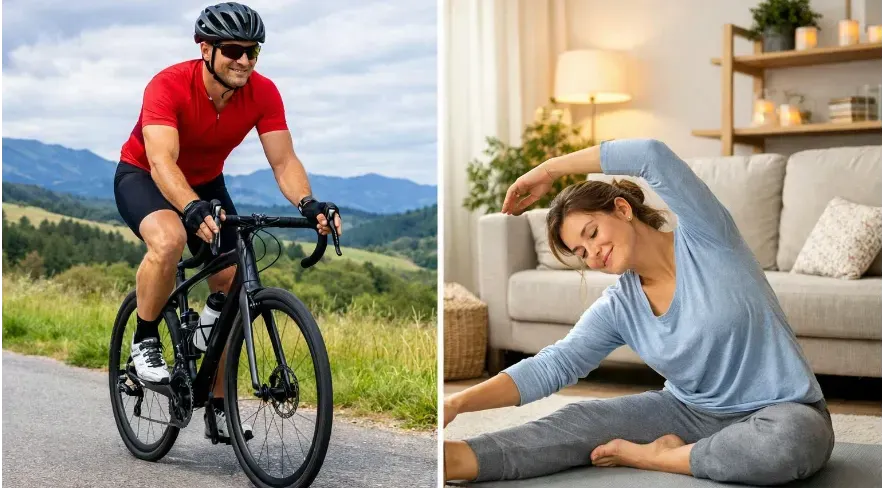 Split image: Athlete performing light cycling outdoors as active recovery on one side, on the other side, a person resting and stretching lightly at home on a designated rest day.