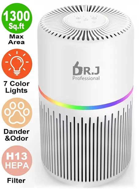 DR. J Professional Air Purifiers for Home 1300sq.ft HEPA Air Purifiers for Bedroom, Pollen, Wildfire/Smoke, Pet Dander&Odor, Dust, Model KJ100, White