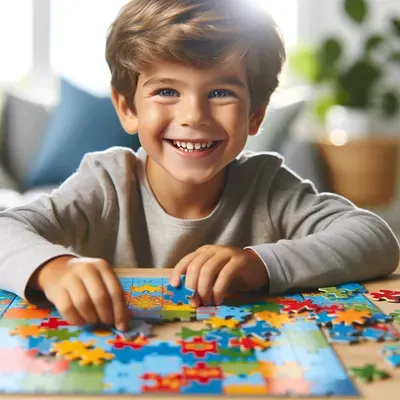 Niño sonriente jugando con un rompecabezas educativo de JugueteaR