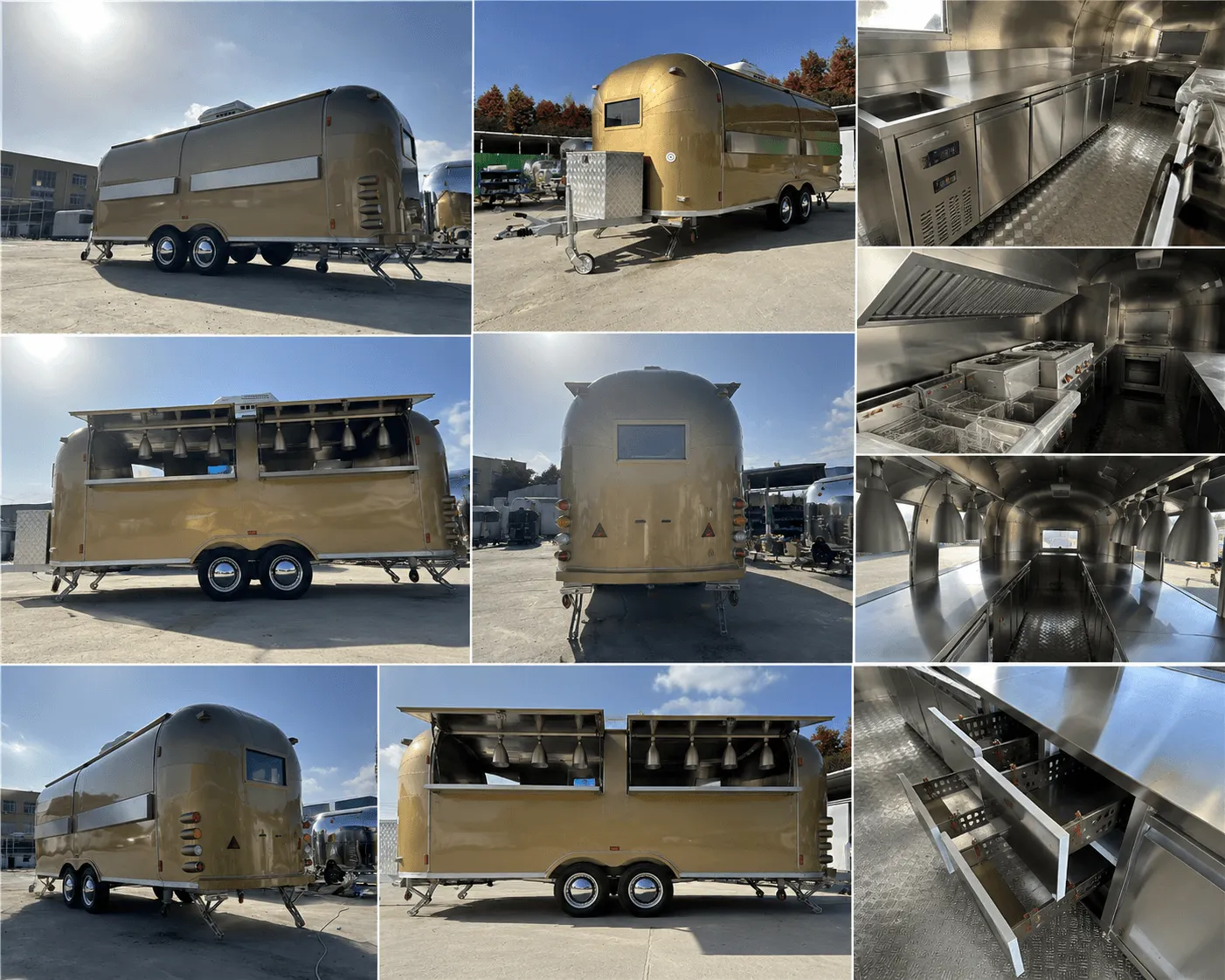 Airstream gastrotrailer 580 cm v matnej zlatej, dvojnápravový s plne nerezovou kuchyňou, výdajnými oknami a digestorom