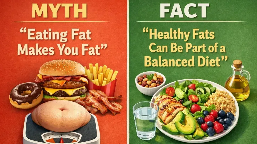 Split Image: Myth vs. Fact Graphic Concept: Visual contrast between “Eating Fat Makes You Fat” and balanced plate imagery.