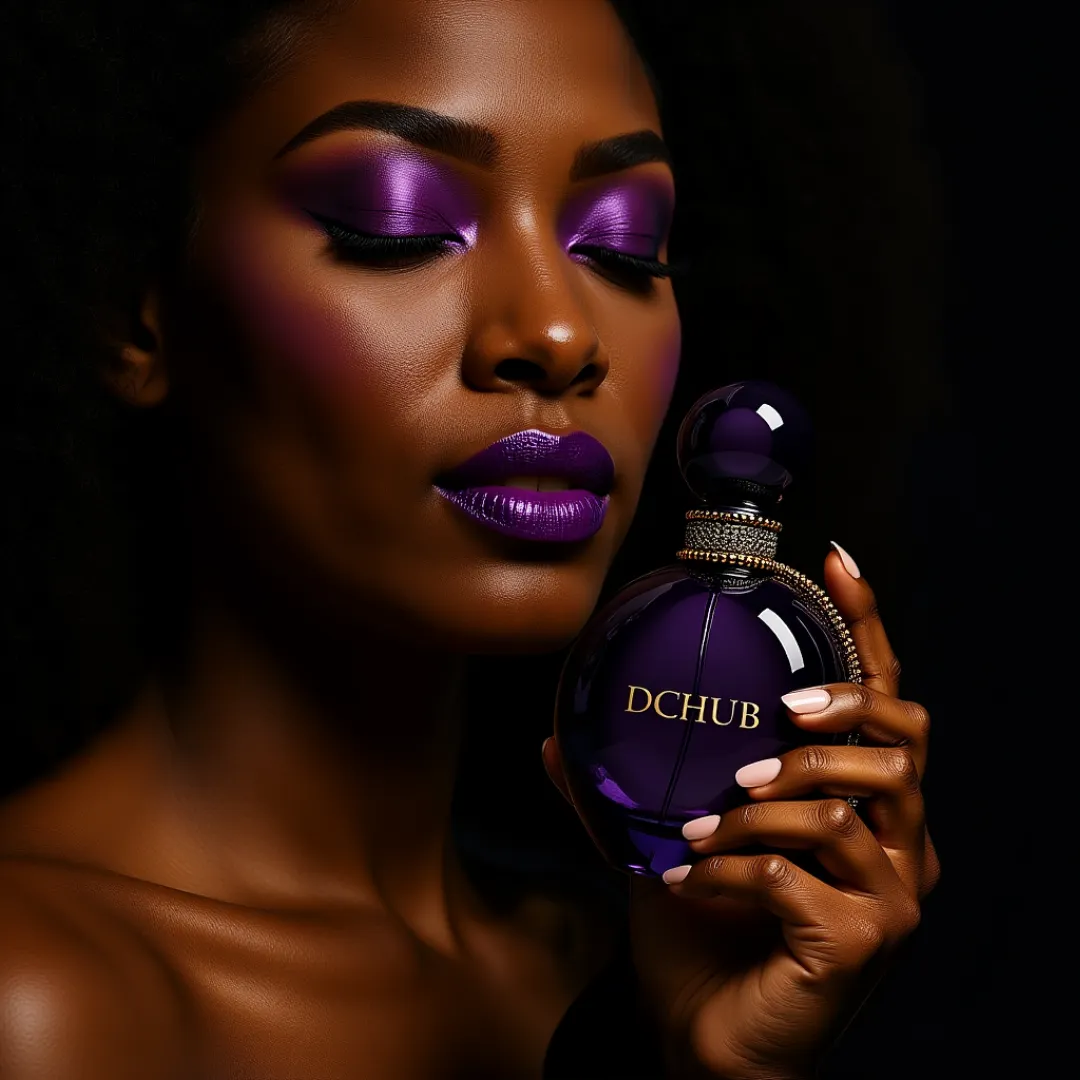 Black woman with purple lips and eyes closed holding a perfume bottle