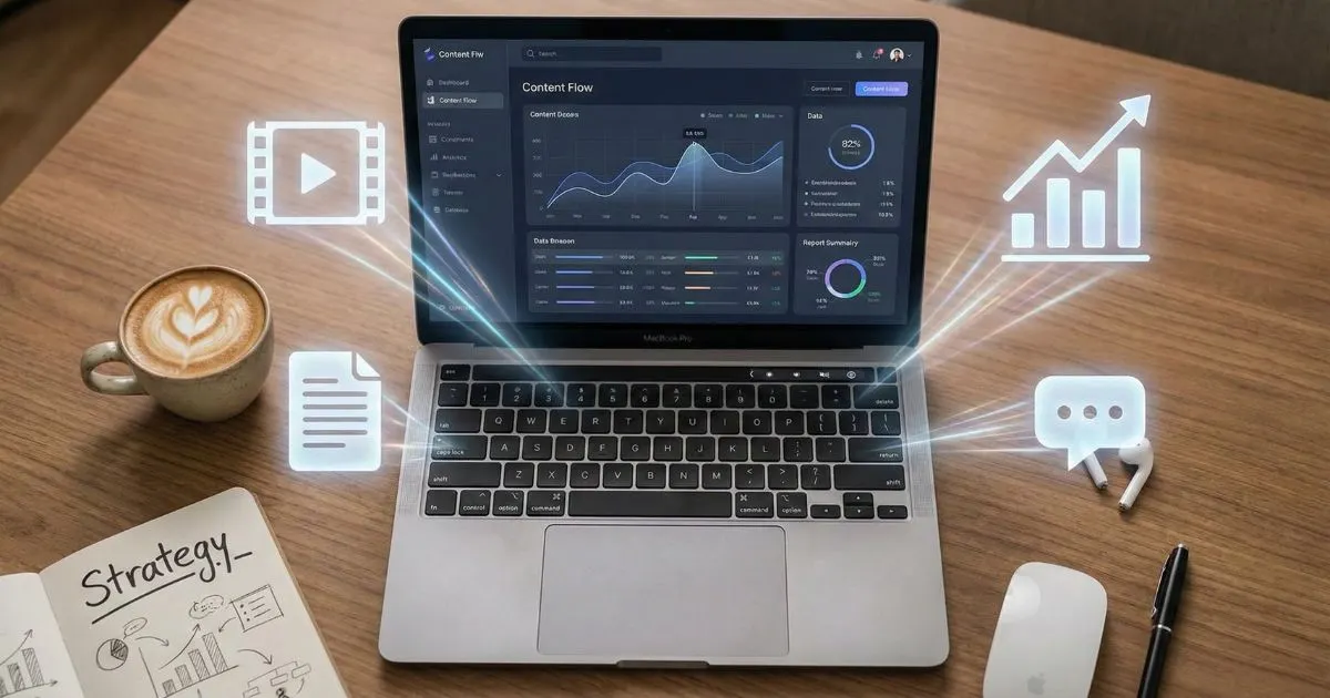 Workspace with laptop showing social media ai tools dashboard and glowing content icons.