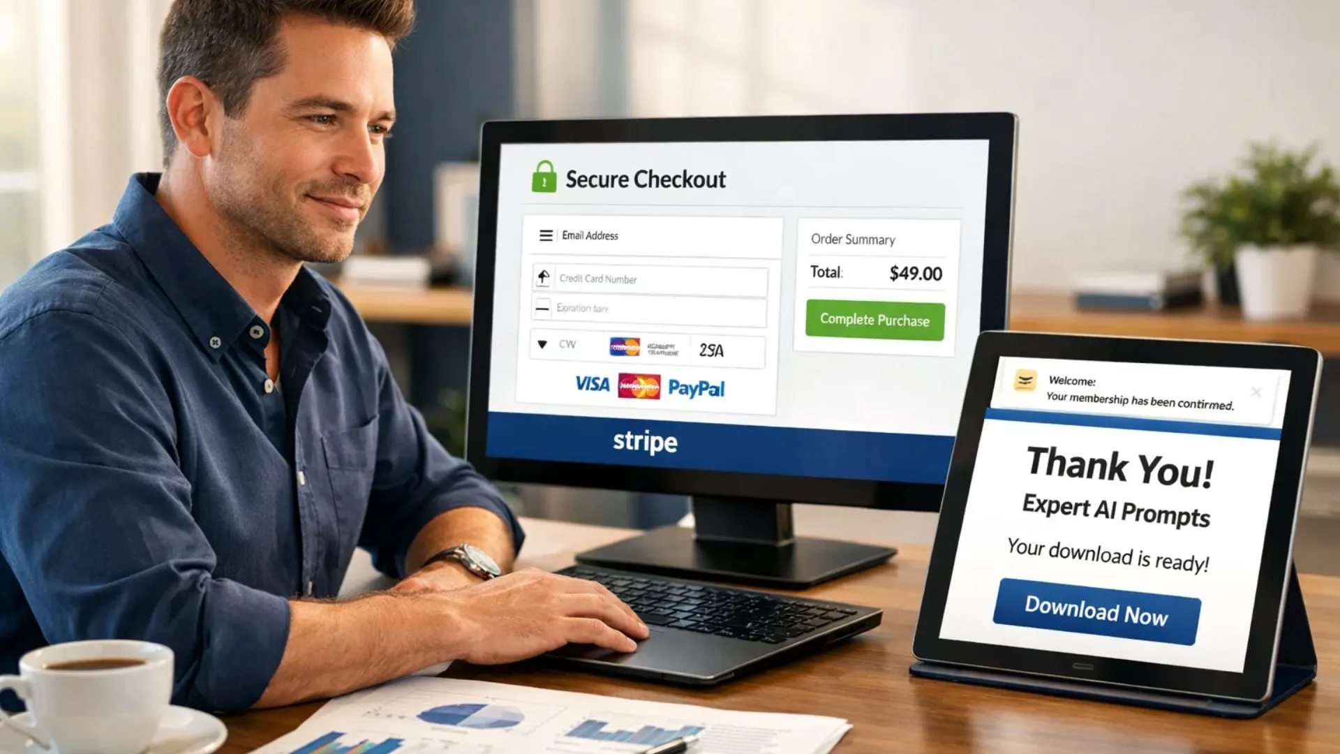 Marketer confidently completing a secure Expert AI Prompts checkout powered by Stripe and Groove.cm 