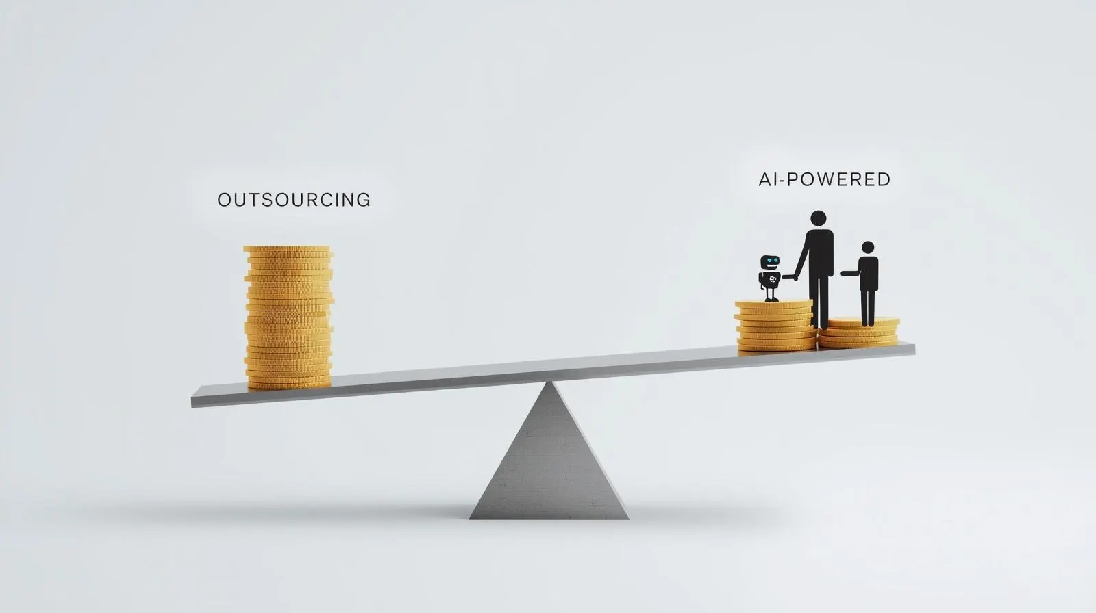 A balancing scale showing that AI-powered content creation offers a better cost-benefit for small businesses than outsourcing.