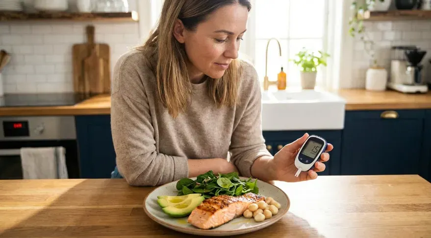 High-fat, low-carb meal plate representing a ketogenic meal. The woman eating the meal is checking her blood ketone meter reading