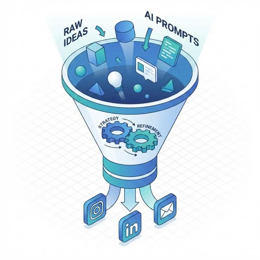 3D funnel graphic showing how AI converts ideas into social media content.