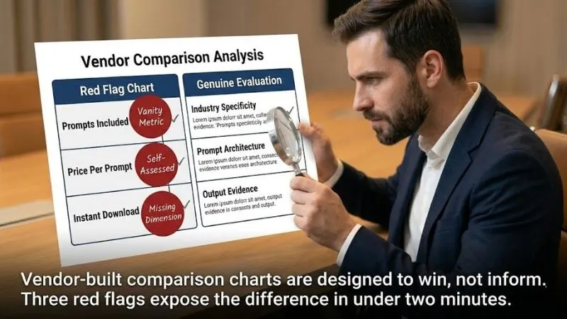 Entrepreneur with magnifying glass spotting 3 red flags on expert ai prompts comparison chart annotations 