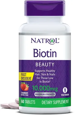 Natrol Beauty Biotin 10000mcg, Dietary Supplement for Healthy Hair, Skin, Nails and Energy Metabolism, 60 Strawberry-Flavored Fast Dissolve Tablets, 60 Day Supply