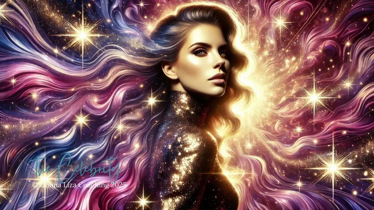 A radiant and glamorous woman surrounded by shimmering gold, electric purple, and soft pink starry clouds, symbolizing charisma and attention.. DonnaLizaCoaching.com