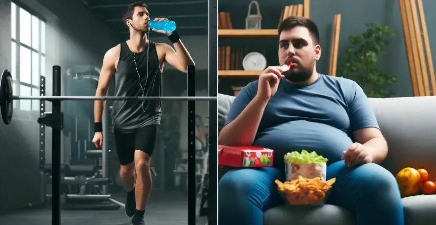 split-screen image showcasing two contrasting lifestyles: one active and one sedentary.