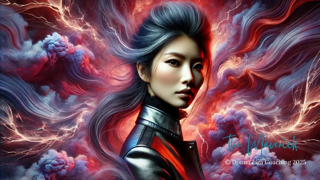 A bold and confident woman surrounded by fiery red, deep purple, and metallic silver clouds with streaks of lightning, symbolizing innovation and risk-taking. DonnaLizaCoaching.com