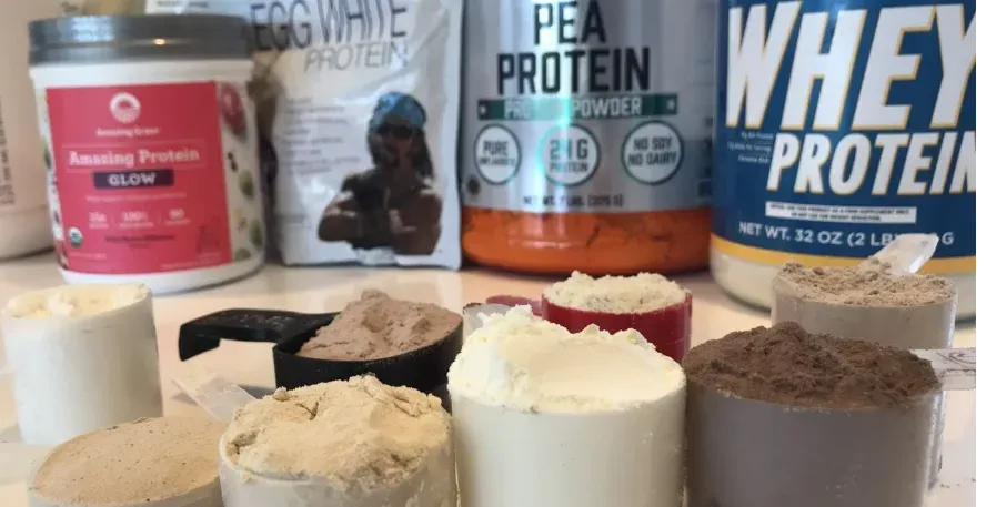 various protein powders in jars, each labeled clearly as either animal-based or plant-based protein.