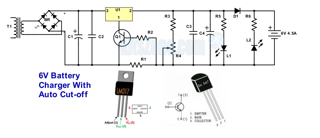 6v Battery Charger Circuit With Auto Cut Off Using LM317 And BC547 | battery charging circuit with auto cut off 