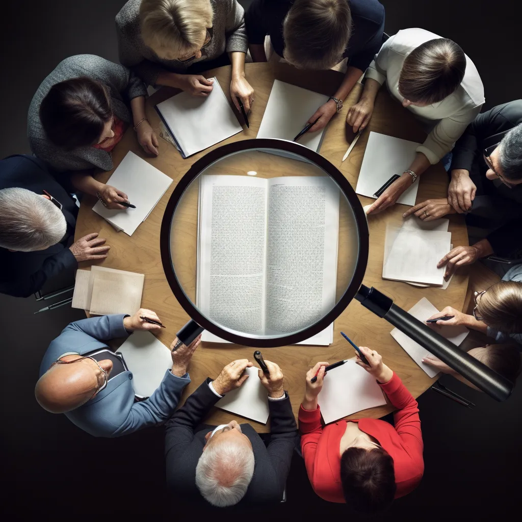 People sitting at a round table with a huge magnifying glass over the documents
