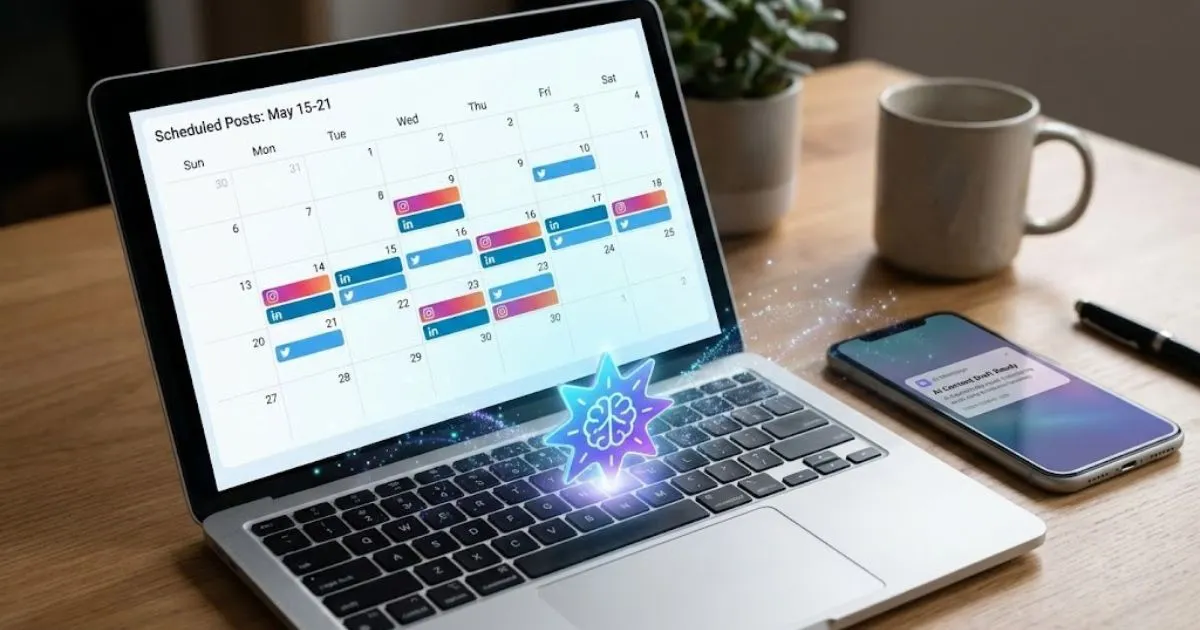 Laptop screen showing a content calendar filled using business automation tools.